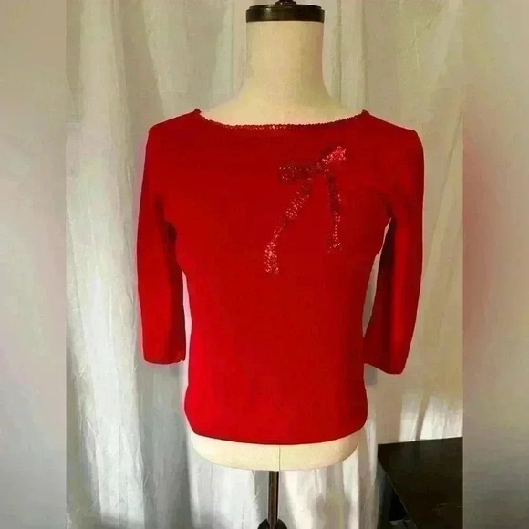 Kikit Red Holiday Sequin Bow Sweater. Womens Sz M.  Pull On. Key Hole Back. - Picture 1 of 7